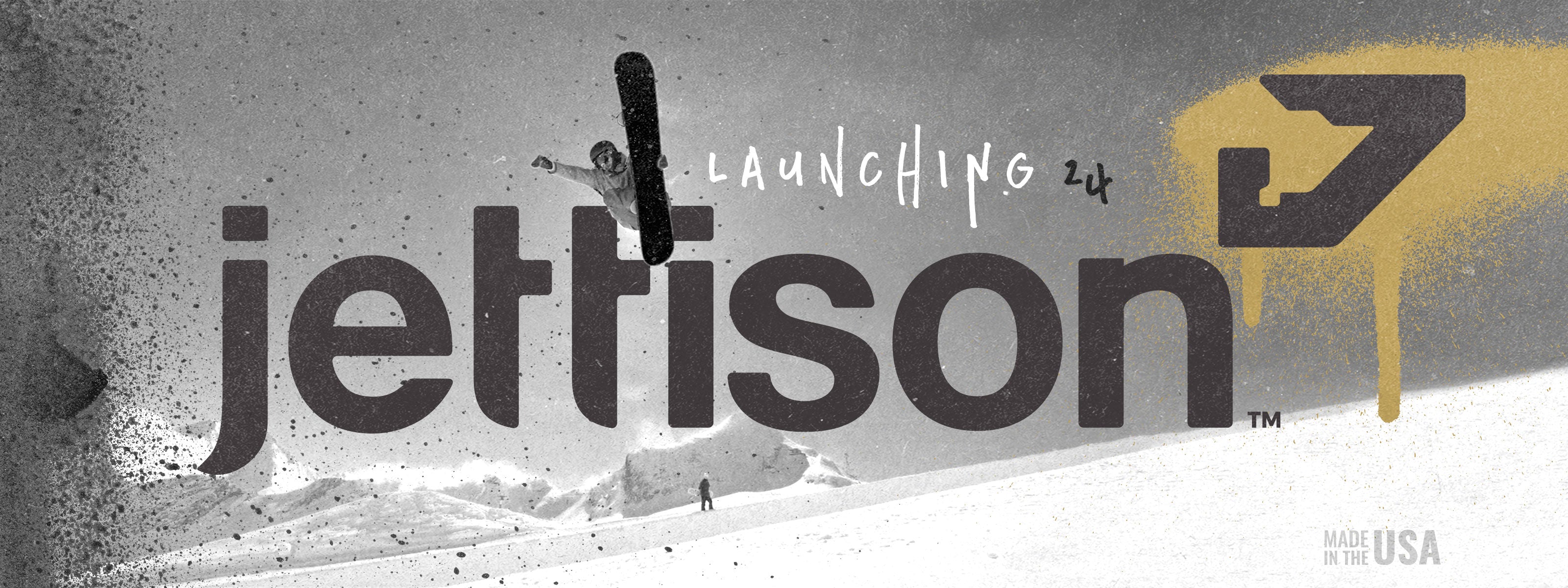 Jettison Equipment - product website launch 2024 - branded image of snowboarder